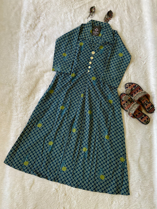 Printed Cotton Midi With Real Mirror Work For Summer. Cotton Midi For Women.