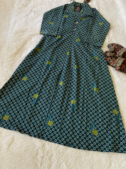 Printed Cotton Midi With Real Mirror Work For Summer. Cotton Midi For Women.
