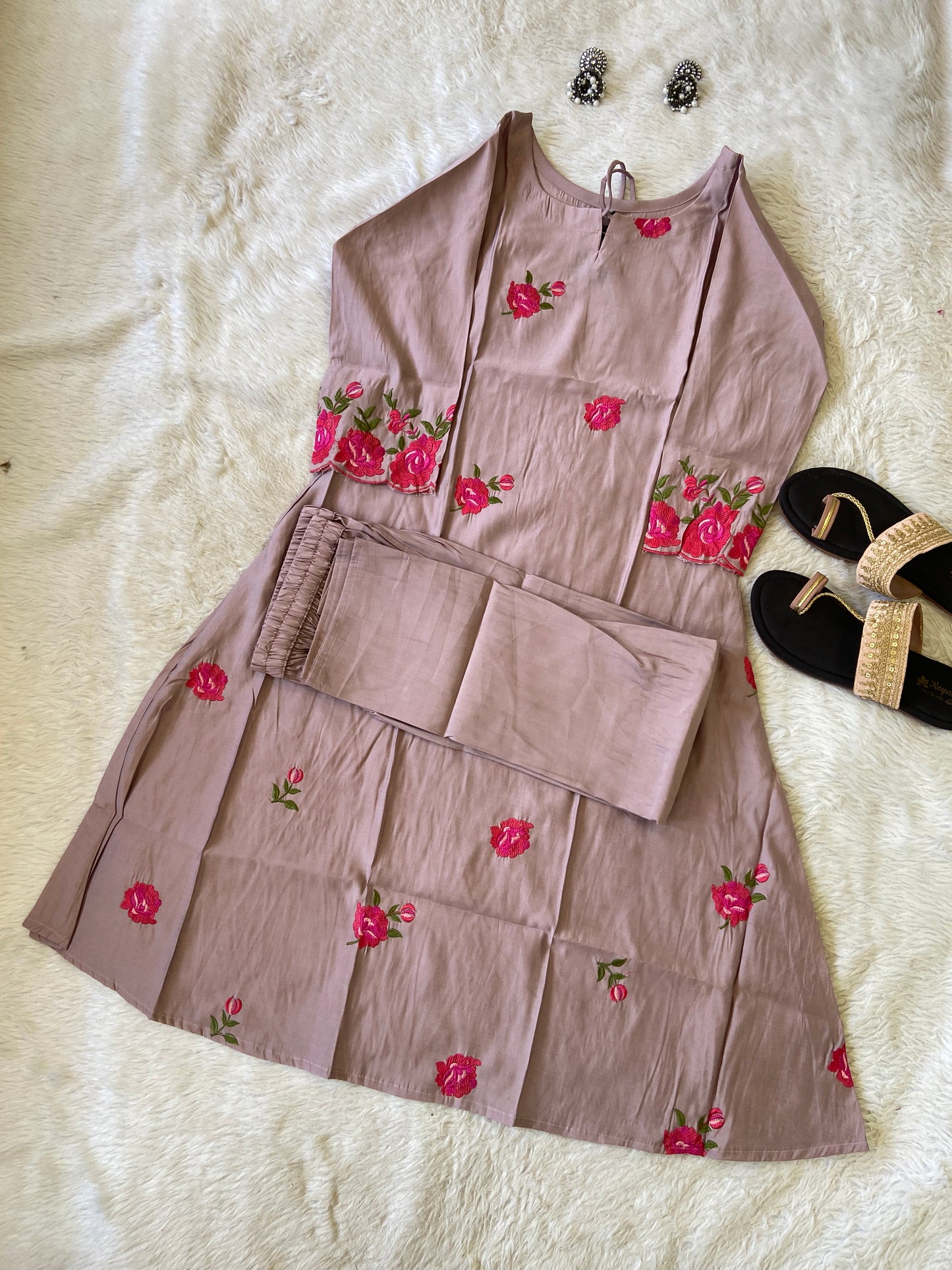 Flower Work Aline Kurtis With Full Flair Palazzo. Silk Kurti Sets For Women.