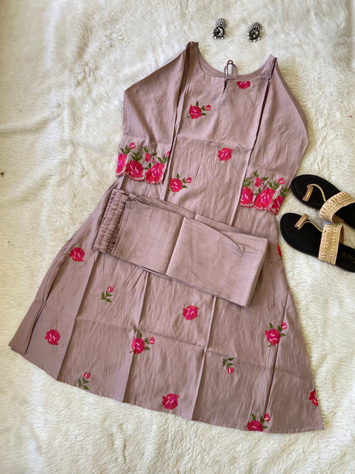 Flower Work Aline Kurtis With Full Flair Palazzo. Silk Kurti Sets For Women.