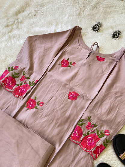 Flower Work Aline Kurtis With Full Flair Palazzo. Silk Kurti Sets For Women.