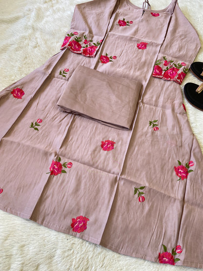 Flower Work Aline Kurtis With Full Flair Palazzo. Silk Kurti Sets For Women.
