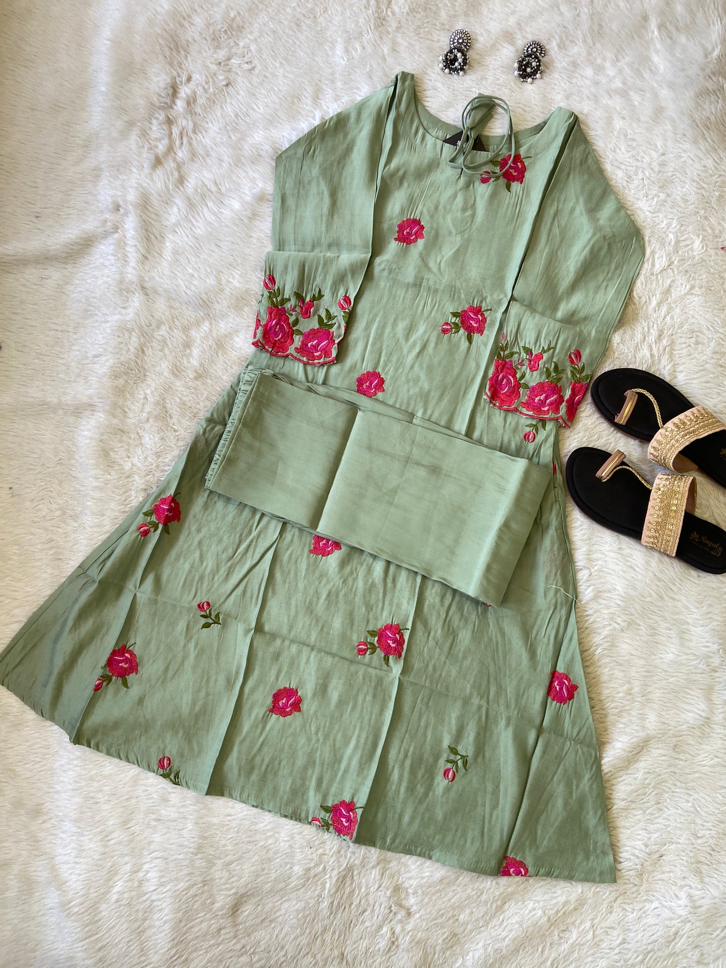 Flower Work Aline Kurtis With Full Flair Palazzo. Silk Kurti Sets For Women.