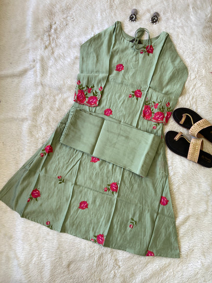 Flower Work Aline Kurtis With Full Flair Palazzo. Silk Kurti Sets For Women.