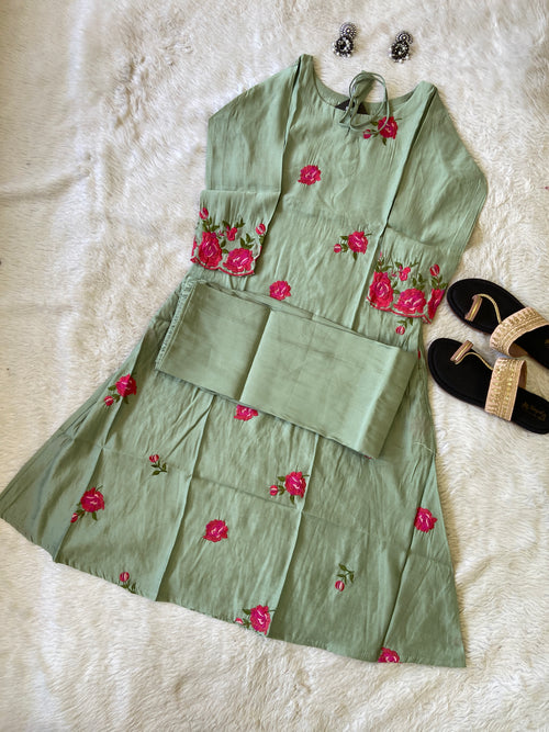 Flower Work Aline Kurtis With Full Flair Palazzo. Silk Kurti Sets For Women.