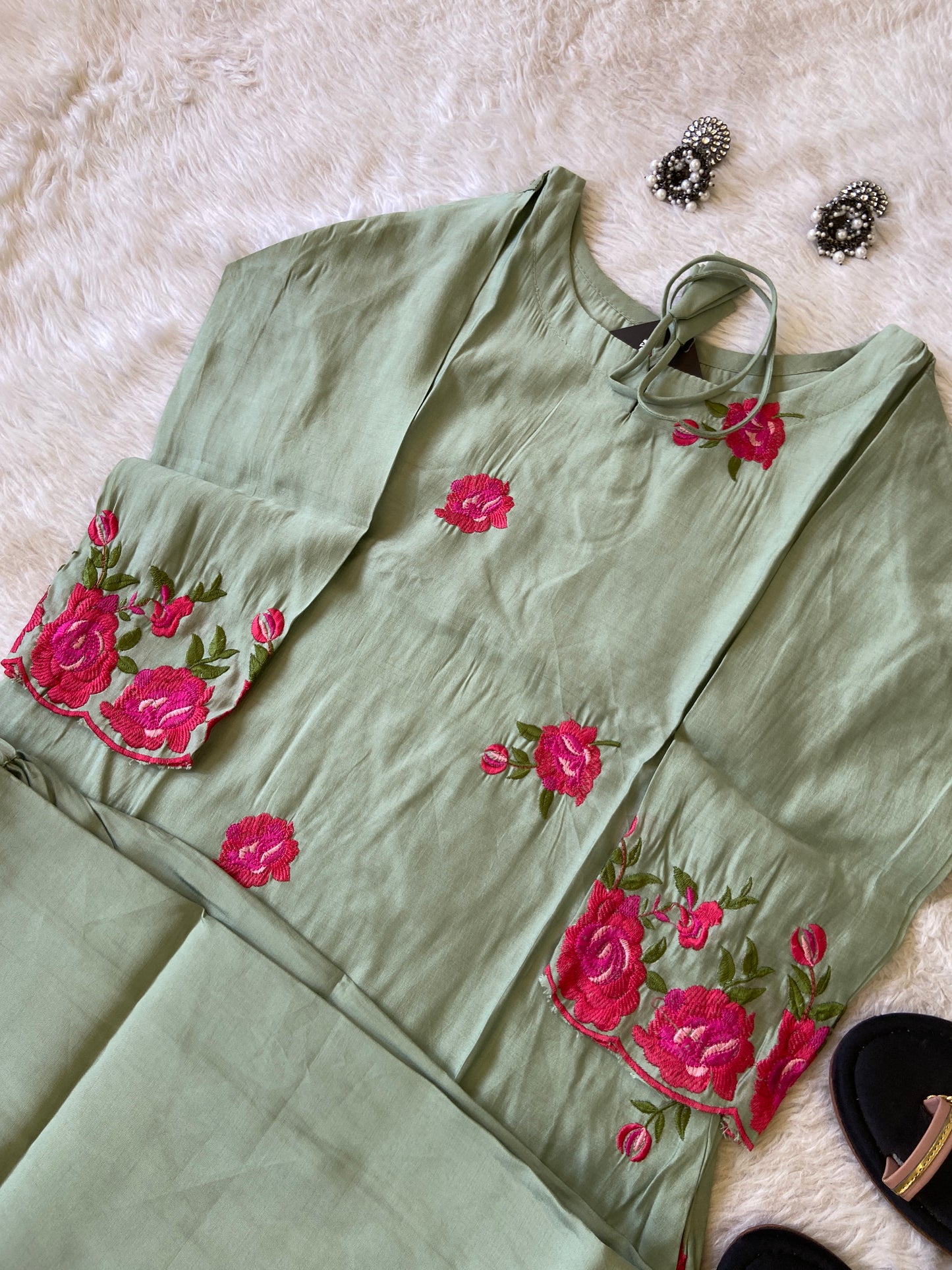 Flower Work Aline Kurtis With Full Flair Palazzo. Silk Kurti Sets For Women.