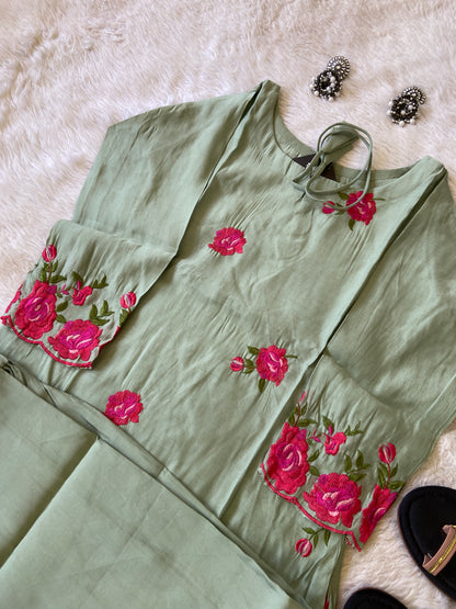 Flower Work Aline Kurtis With Full Flair Palazzo. Silk Kurti Sets For Women.