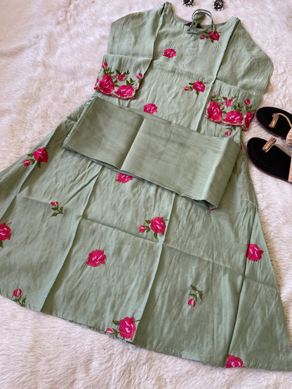 Flower Work Aline Kurtis With Full Flair Palazzo. Silk Kurti Sets For Women.