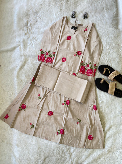 Flower Work Aline Kurtis With Full Flair Palazzo. Silk Kurti Sets For Women.