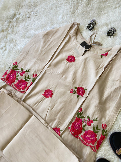 Flower Work Aline Kurtis With Full Flair Palazzo. Silk Kurti Sets For Women.