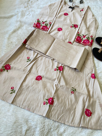 Flower Work Aline Kurtis With Full Flair Palazzo. Silk Kurti Sets For Women.