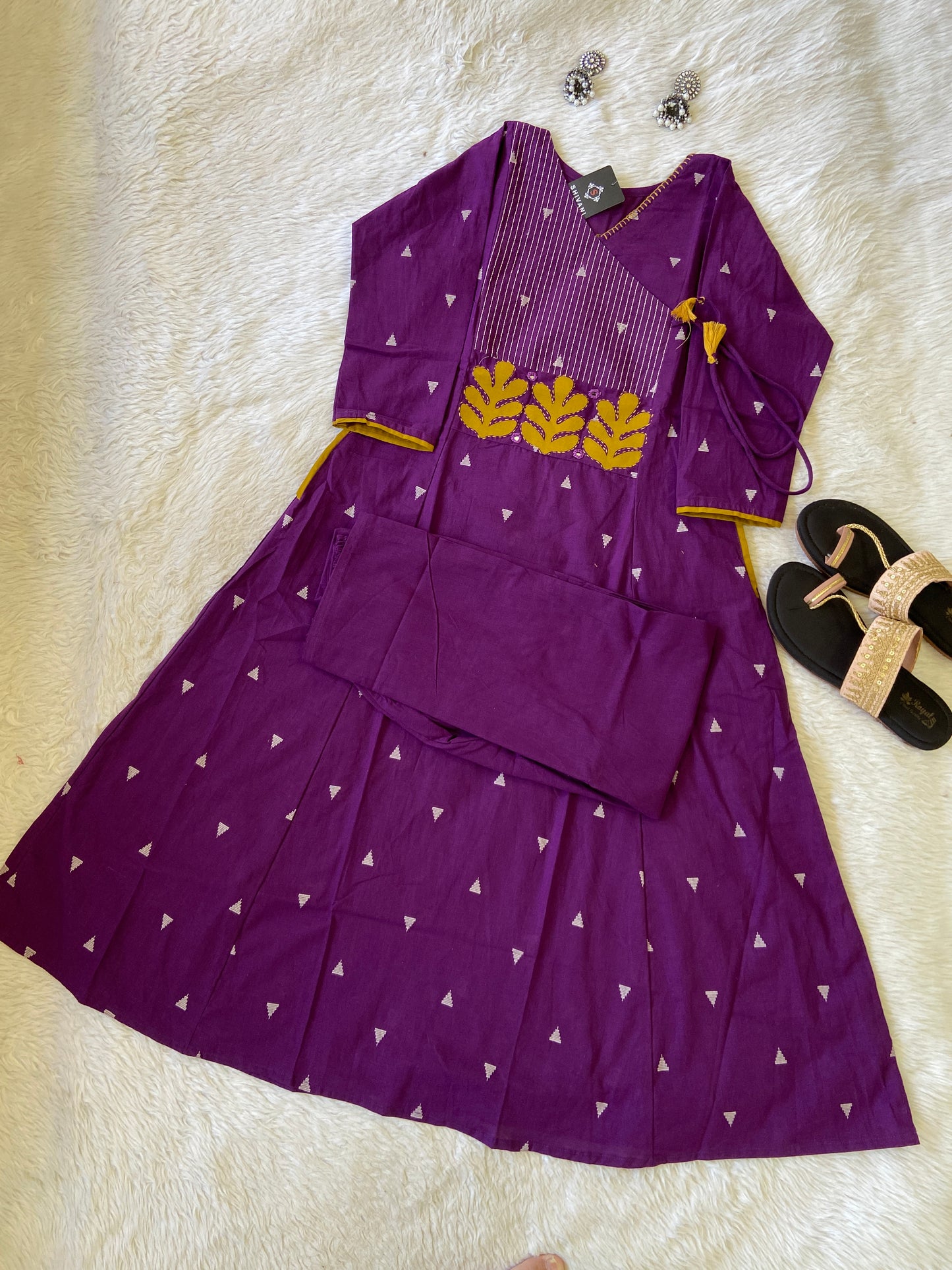 Angarakha Style With Aplic Work Aline Kurti And Palazzo (Gamthi Pair). Cotton Aline Kurti Sets For Women.