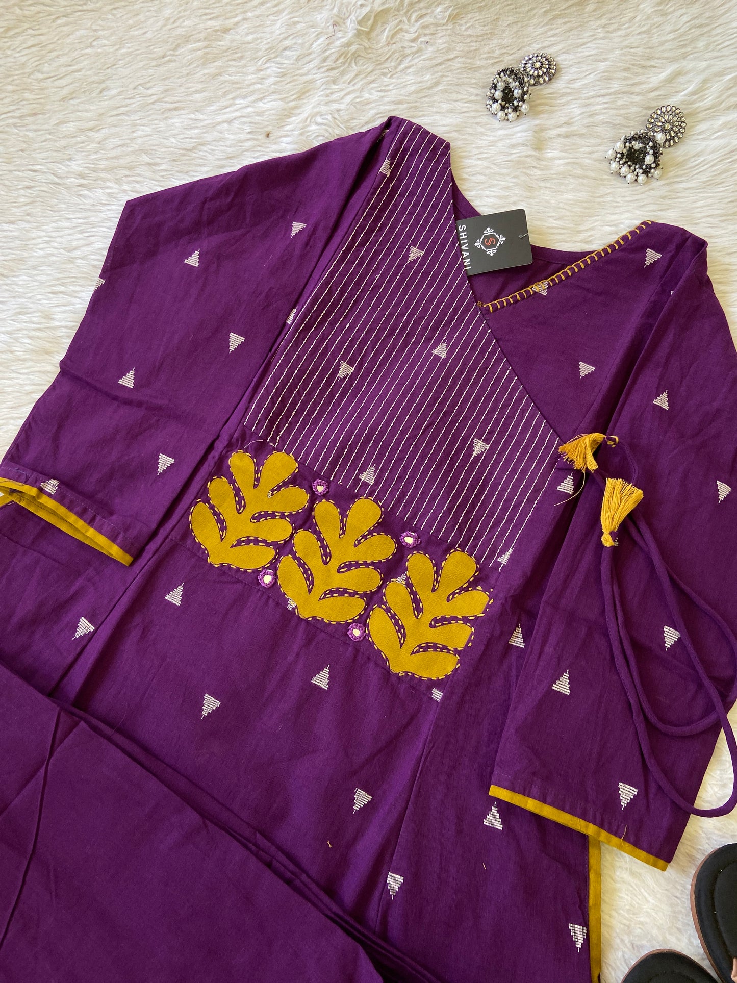Angarakha Style With Aplic Work Aline Kurti And Palazzo (Gamthi Pair). Cotton Aline Kurti Sets For Women.