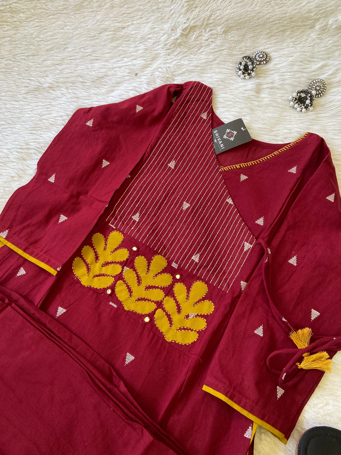 Angarakha Style With Aplic Work Aline Kurti And Palazzo (Gamthi Pair). Cotton Aline Kurti Sets For Women.