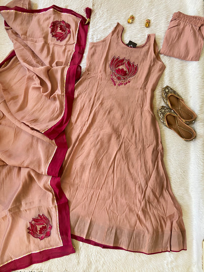 Sleeveless Aline Kurtis With Full Flair Palazzo And Dupatta. Silk Suits Sets For Women.