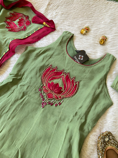 Sleeveless Aline Kurtis With Full Flair Palazzo And Dupatta. Silk Suits Sets For Women.