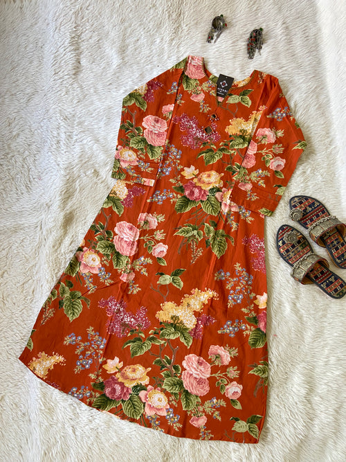 Cotton Floral Aline Kurtis With Cut. Cotton Kurtis For Women.