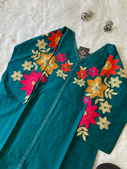 Teal fabric with colorful floral embroidery on a white surface