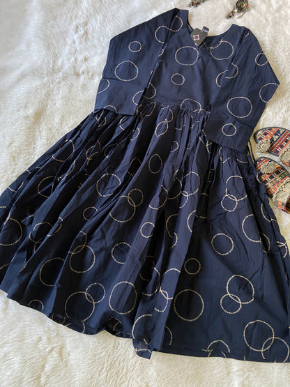 Navy blue fabric with gold circular patterns on a textured white surface