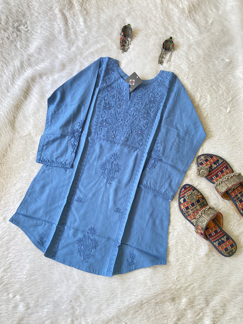 Rayon Lucknowi Chikankari Short Kurti. Rayon Short Top For Women online India. Shop the Latest Festive Summer Collection at Shivani Designer Kurti.