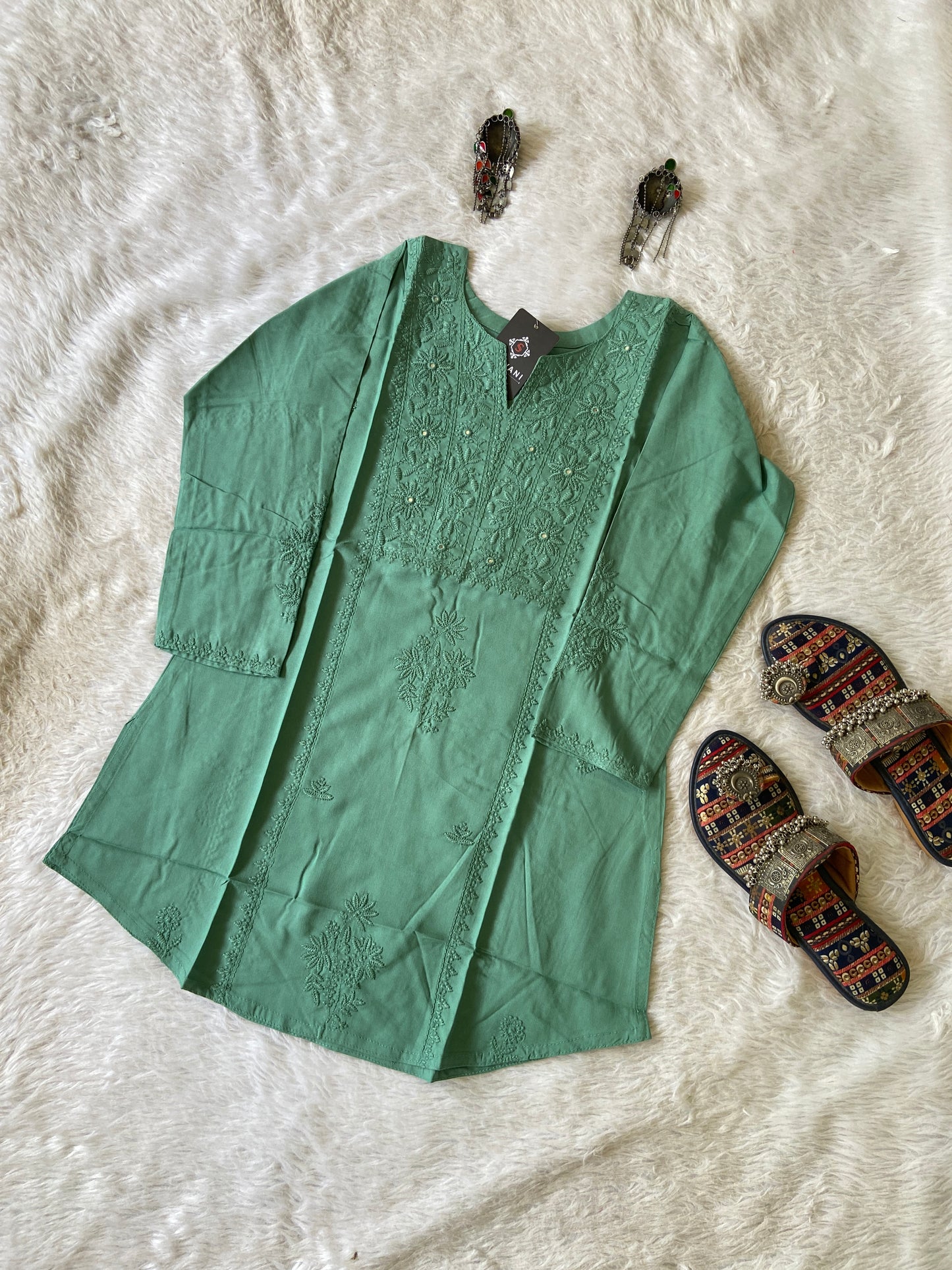 Rayon Lucknowi Chikankari Short Kurti. Rayon Short Top For Women online India. Shop the Latest Festive Summer Collection at Shivani Designer Kurti.