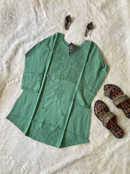 Rayon Lucknowi Chikankari Short Kurti. Rayon Short Top For Women online India. Shop the Latest Festive Summer Collection at Shivani Designer Kurti.