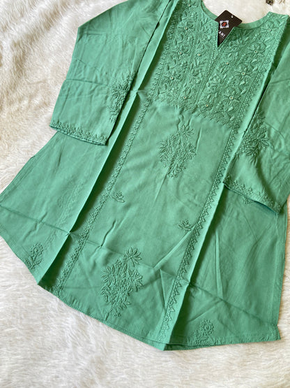 Rayon Lucknowi Chikankari Short Kurti. Rayon Short Top For Women online India. Shop the Latest Festive Summer Collection at Shivani Designer Kurti.