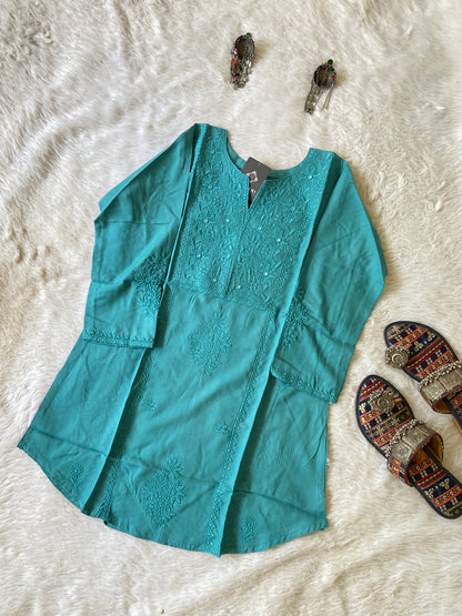 Rayon Lucknowi Chikankari Short Kurti. Rayon Short Top For Women online India. Shop the Latest Festive Summer Collection at Shivani Designer Kurti.