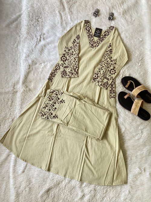 Embroidery Work Cotton Aline Kurti With Full Flair Palazzo. Cotton Kurtis Sets For Women Online India. Shop the Latest Festive Summer Collection at Shivani Designer Kurti.