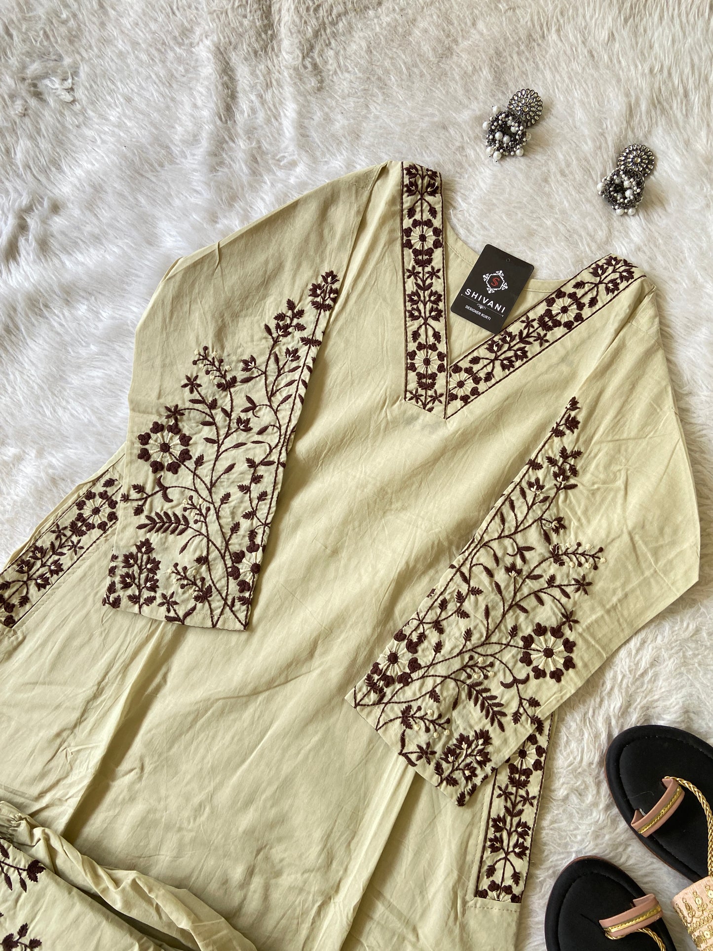 Embroidery Work Cotton Aline Kurti With Full Flair Palazzo. Cotton Kurtis Sets For Women Online India. Shop the Latest Festive Summer Collection at Shivani Designer Kurti.