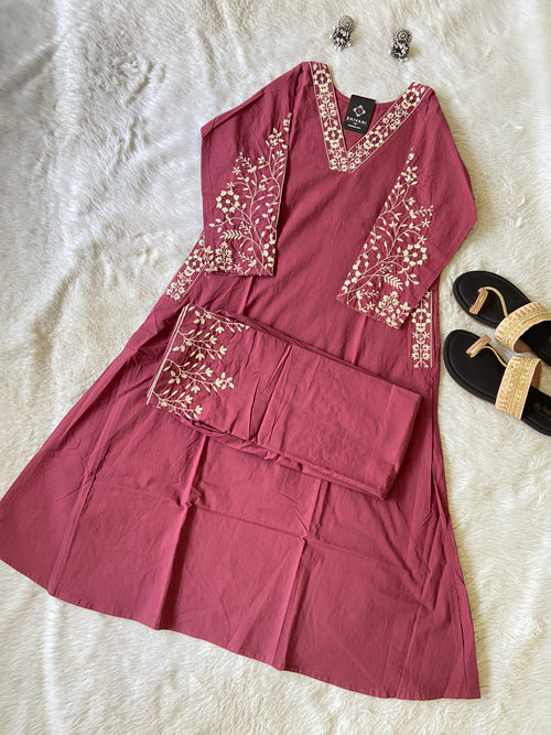 Embroidery Work Cotton Aline Kurti With Full Flair Palazzo. Cotton Kurtis Sets For Women Online India. Shop the Latest Festive Summer Collection at Shivani Designer Kurti.