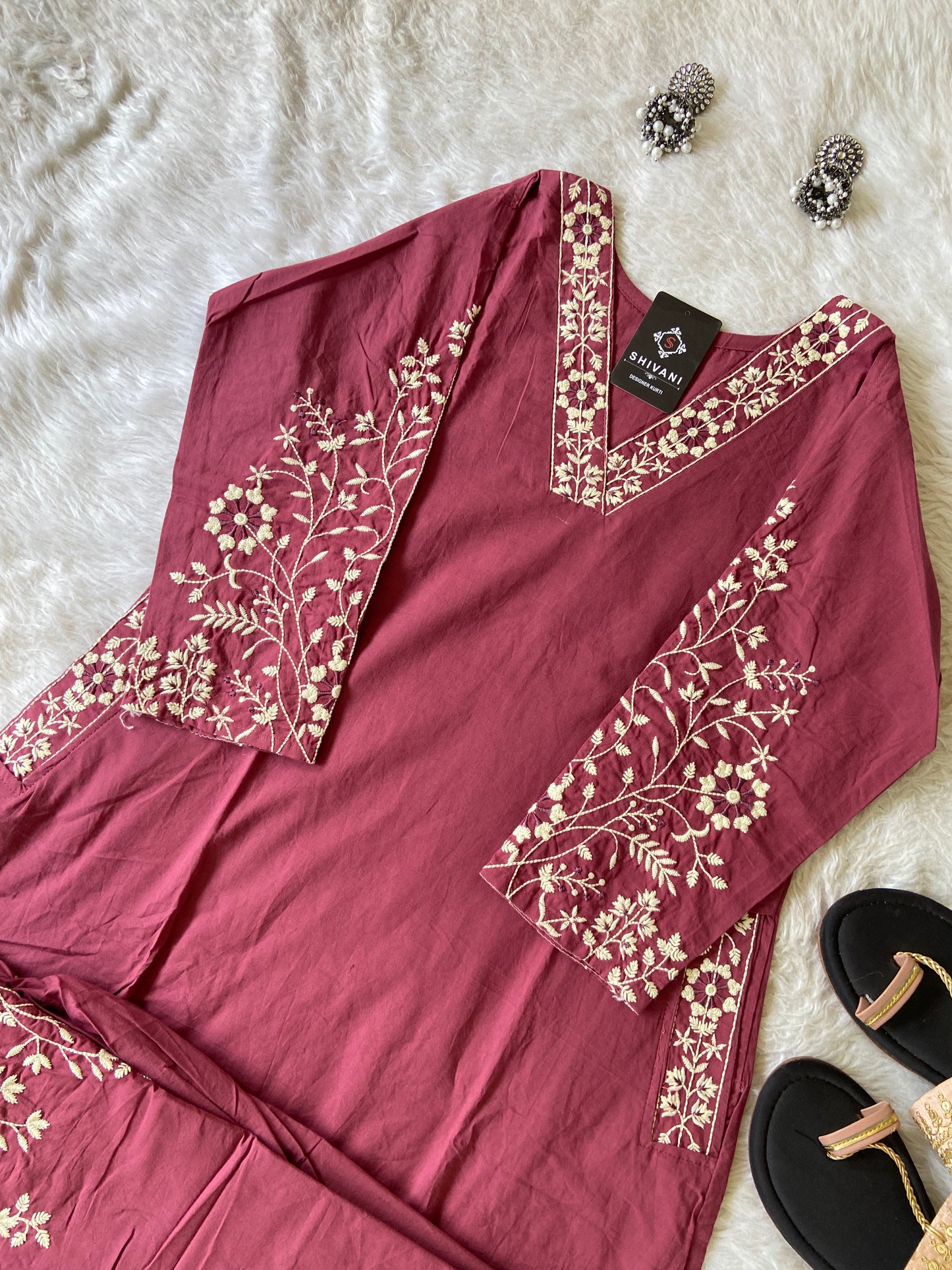 Embroidery Work Cotton Aline Kurti With Full Flair Palazzo. Cotton Kurtis Sets For Women Online India. Shop the Latest Festive Summer Collection at Shivani Designer Kurti.