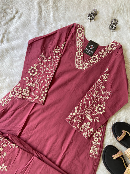 Embroidery Work Cotton Aline Kurti With Full Flair Palazzo. Cotton Kurtis Sets For Women Online India. Shop the Latest Festive Summer Collection at Shivani Designer Kurti.