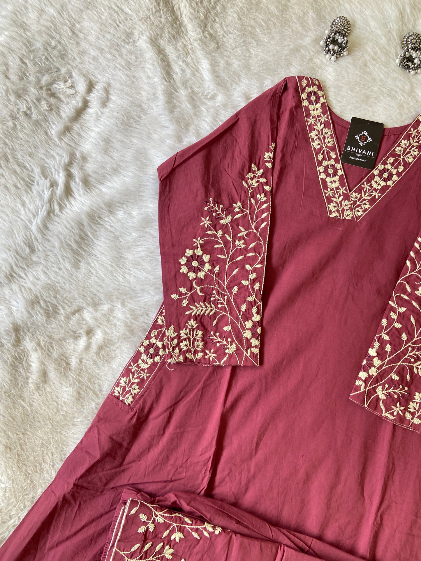 Embroidery Work Cotton Aline Kurti With Full Flair Palazzo. Cotton Kurtis Sets For Women Online India. Shop the Latest Festive Summer Collection at Shivani Designer Kurti.