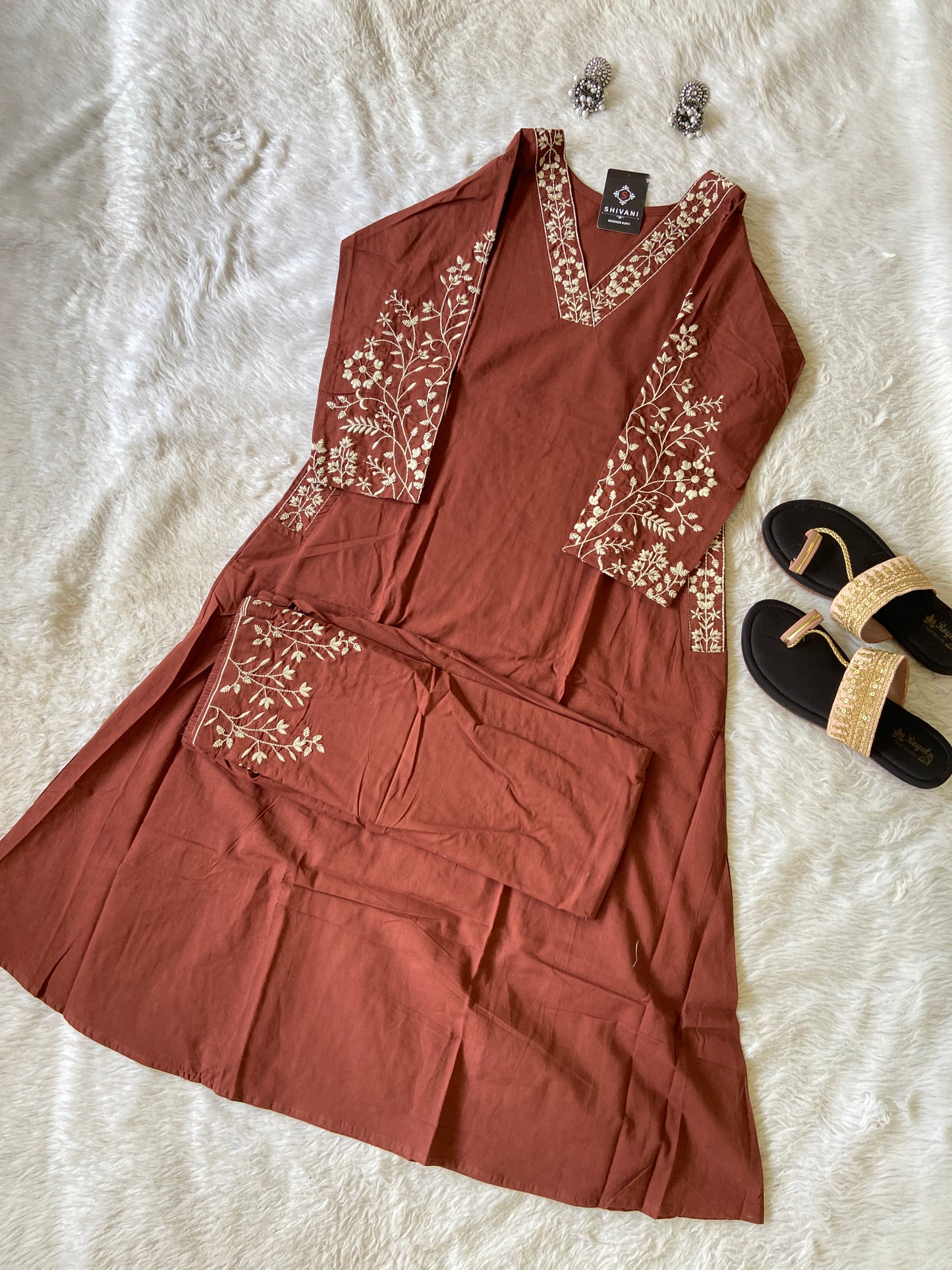 Embroidery Work Cotton Aline Kurti With Full Flair Palazzo. Cotton Kurtis Sets For Women Online India. Shop the Latest Festive Summer Collection at Shivani Designer Kurti.