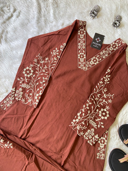 Embroidery Work Cotton Aline Kurti With Full Flair Palazzo. Cotton Kurtis Sets For Women Online India. Shop the Latest Festive Summer Collection at Shivani Designer Kurti.