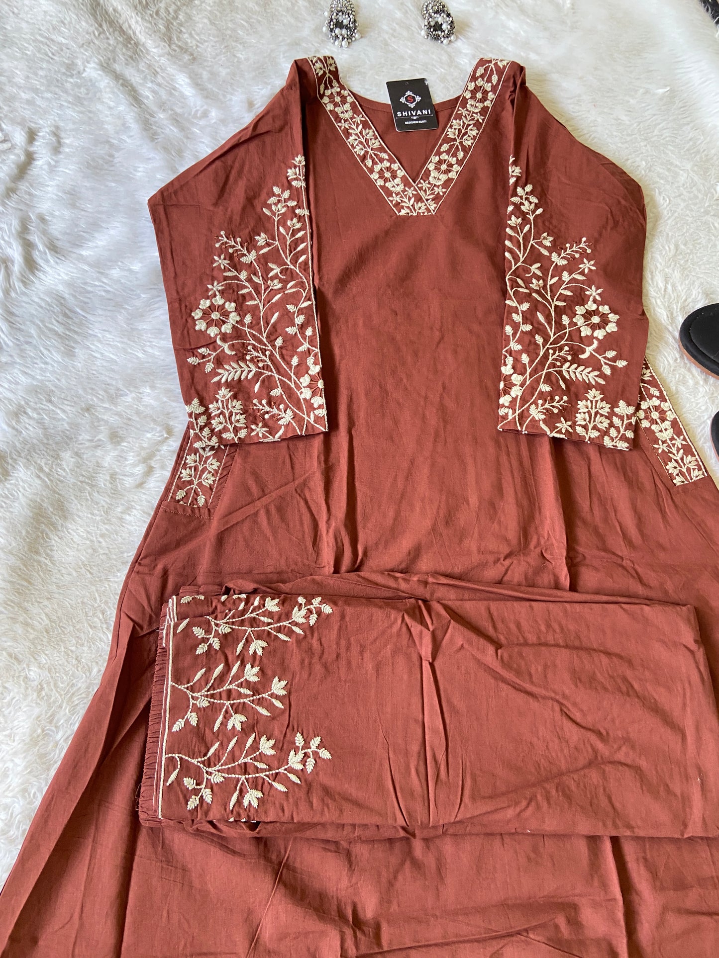 Embroidery Work Cotton Aline Kurti With Full Flair Palazzo. Cotton Kurtis Sets For Women Online India. Shop the Latest Festive Summer Collection at Shivani Designer Kurti.