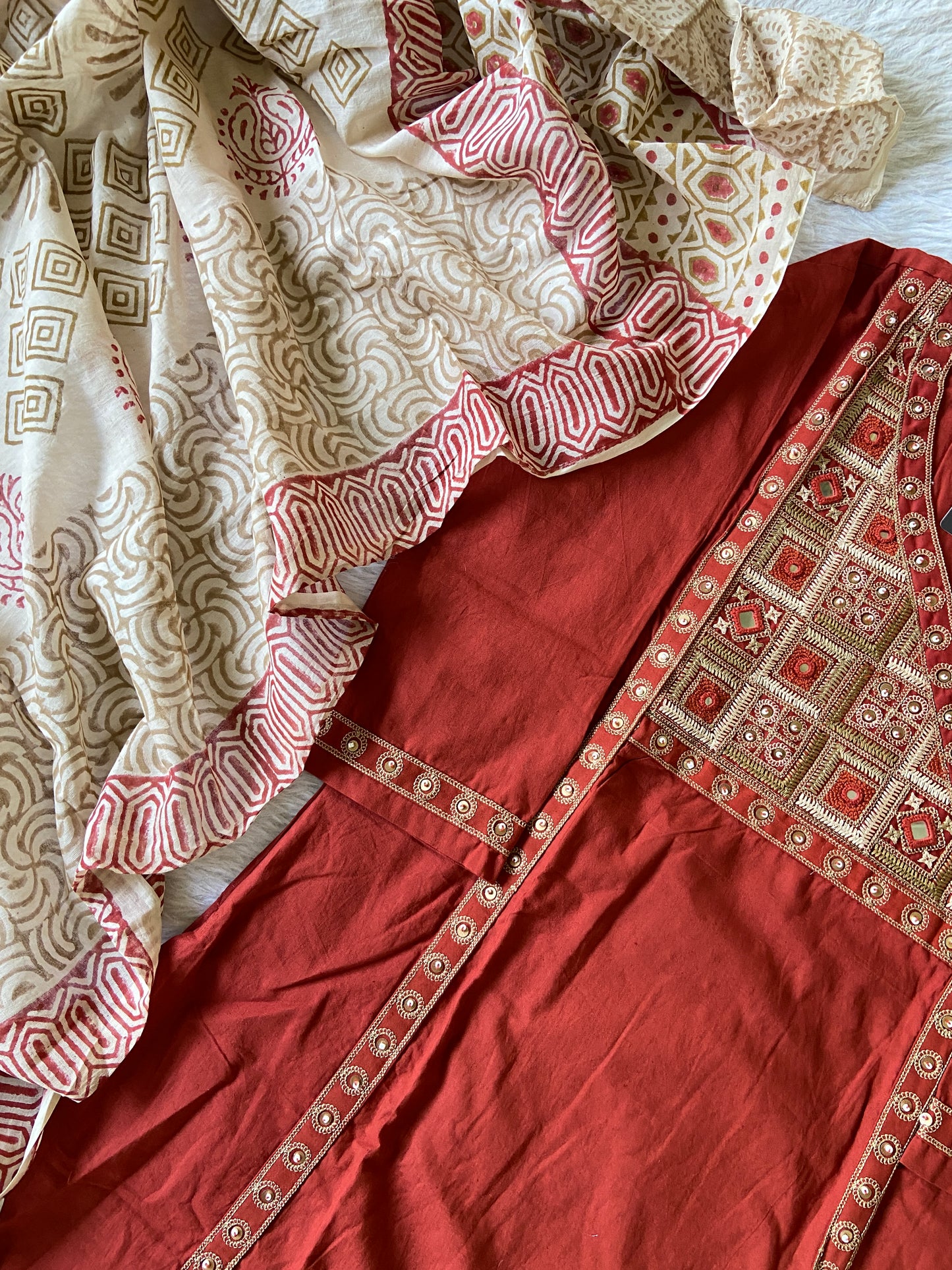 Cotton Embroidery Work Aline Kurti With Palazzo And Block Print Dupatta (Gamthi Pair). Cotton Suit Sets For Women Online India. Shop the Latest Festive Summer Collection at Shivani Designer Kurti.