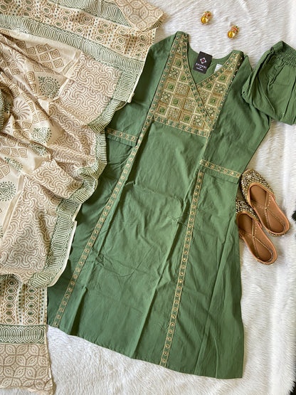 Cotton Embroidery Work Aline Kurti With Palazzo And Block Print Dupatta (Gamthi Pair). Cotton Suit Sets For Women Online India. Shop the Latest Festive Summer Collection at Shivani Designer Kurti.