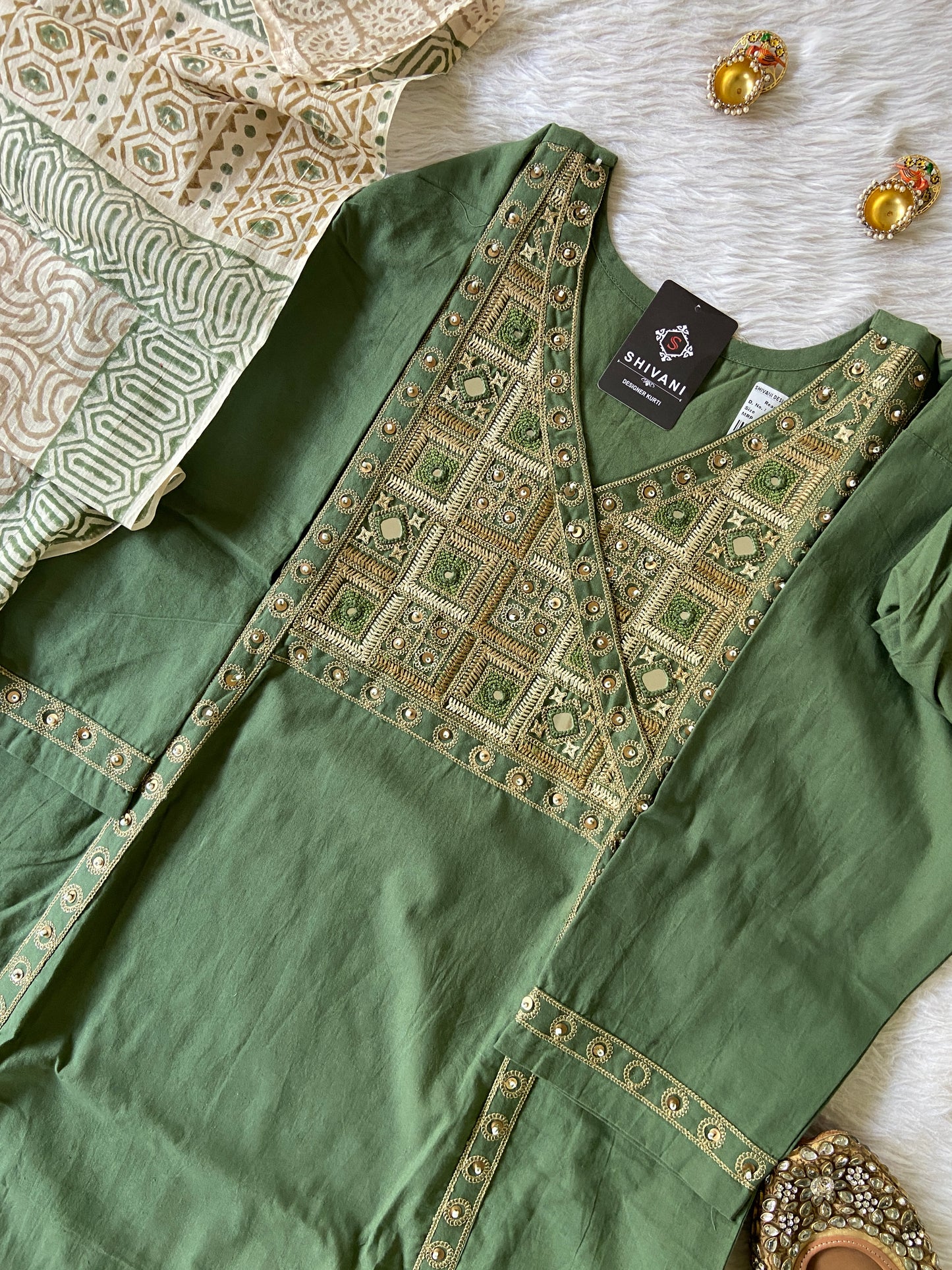 Cotton Embroidery Work Aline Kurti With Palazzo And Block Print Dupatta (Gamthi Pair). Cotton Suit Sets For Women Online India. Shop the Latest Festive Summer Collection at Shivani Designer Kurti.