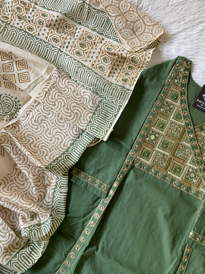 Cotton Embroidery Work Aline Kurti With Palazzo And Block Print Dupatta (Gamthi Pair). Cotton Suit Sets For Women Online India. Shop the Latest Festive Summer Collection at Shivani Designer Kurti.