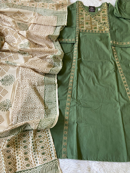 Cotton Embroidery Work Aline Kurti With Palazzo And Block Print Dupatta (Gamthi Pair). Cotton Suit Sets For Women Online India. Shop the Latest Festive Summer Collection at Shivani Designer Kurti.