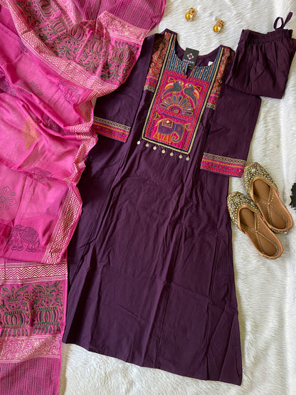 Cotton Embroidery Work Aline Kurti With Palazzo And Block Print Dupatta (Gamthi Pair). Cotton Suit Sets For Women Online India. Shop the Latest Festive Summer Collection at Shivani Designer Kurti.