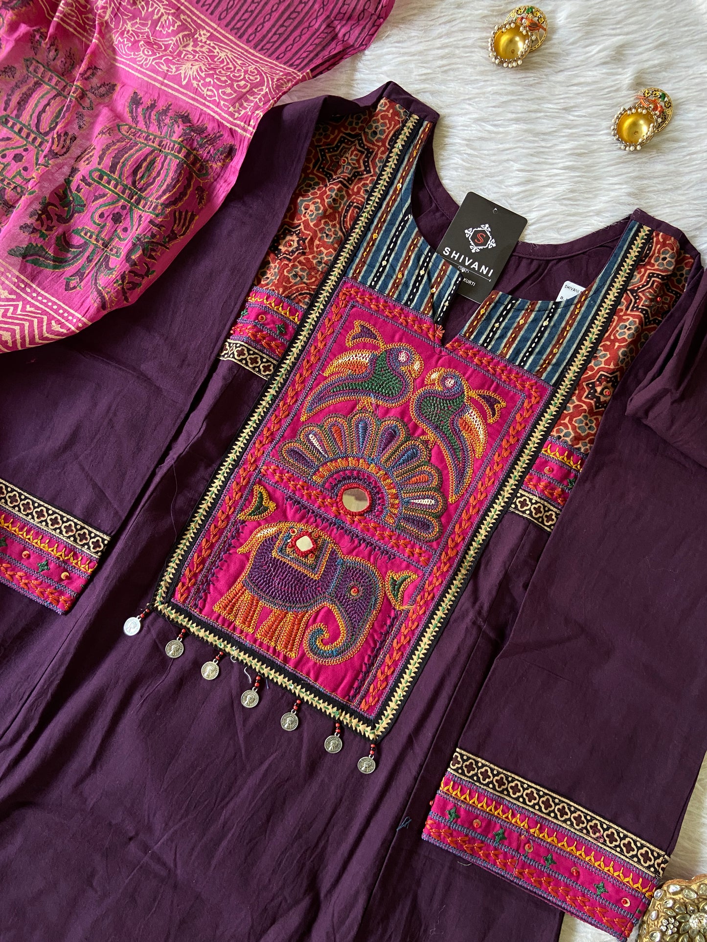 Cotton Embroidery Work Aline Kurti With Palazzo And Block Print Dupatta (Gamthi Pair). Cotton Suit Sets For Women Online India. Shop the Latest Festive Summer Collection at Shivani Designer Kurti.