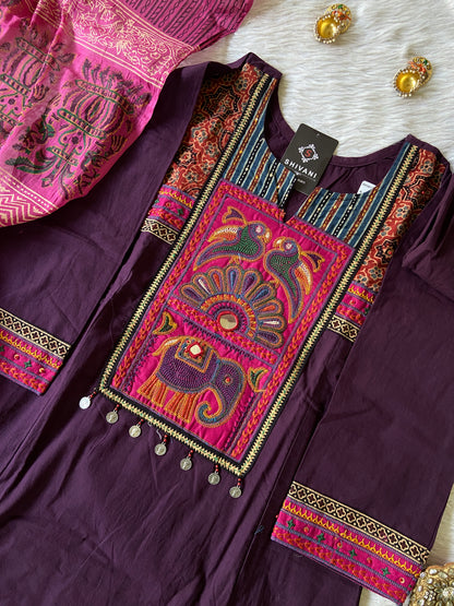 Cotton Embroidery Work Aline Kurti With Palazzo And Block Print Dupatta (Gamthi Pair). Cotton Suit Sets For Women Online India. Shop the Latest Festive Summer Collection at Shivani Designer Kurti.