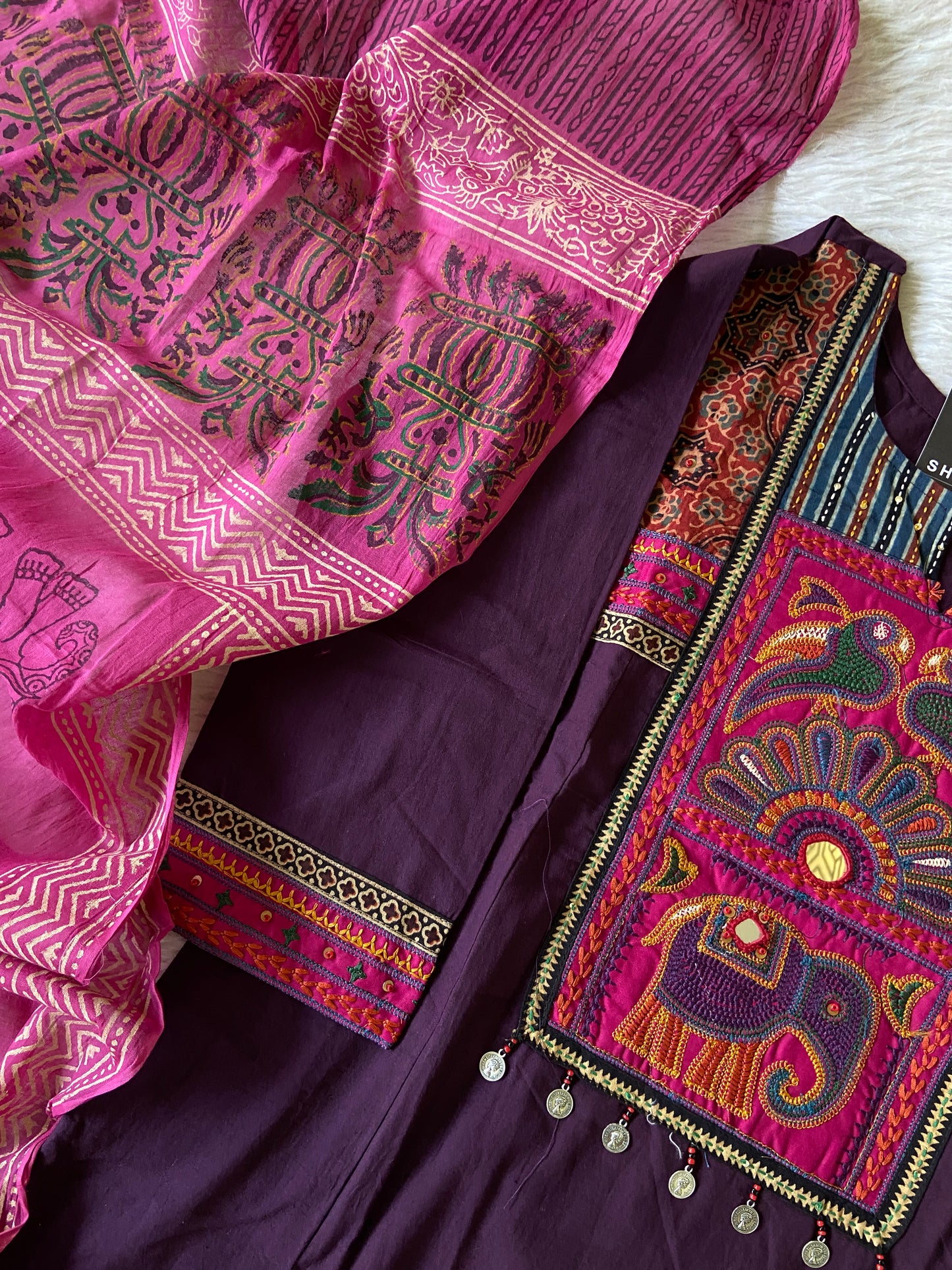 Cotton Embroidery Work Aline Kurti With Palazzo And Block Print Dupatta (Gamthi Pair). Cotton Suit Sets For Women Online India. Shop the Latest Festive Summer Collection at Shivani Designer Kurti.