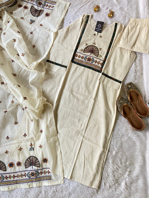 Cotton Embroidery Work Straight Kurti With Palazzo And Embroidery work Dupatta (Gamthi Pair). Cotton Suit Sets For Women Online India. Shop the Latest Festive Summer Collection at Shivani Designer Kurti.