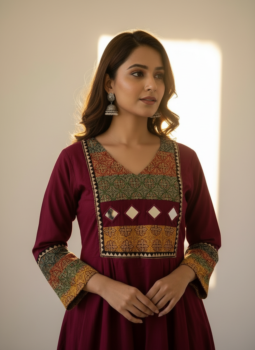 Close-up detailed view of maroon designer kurti set