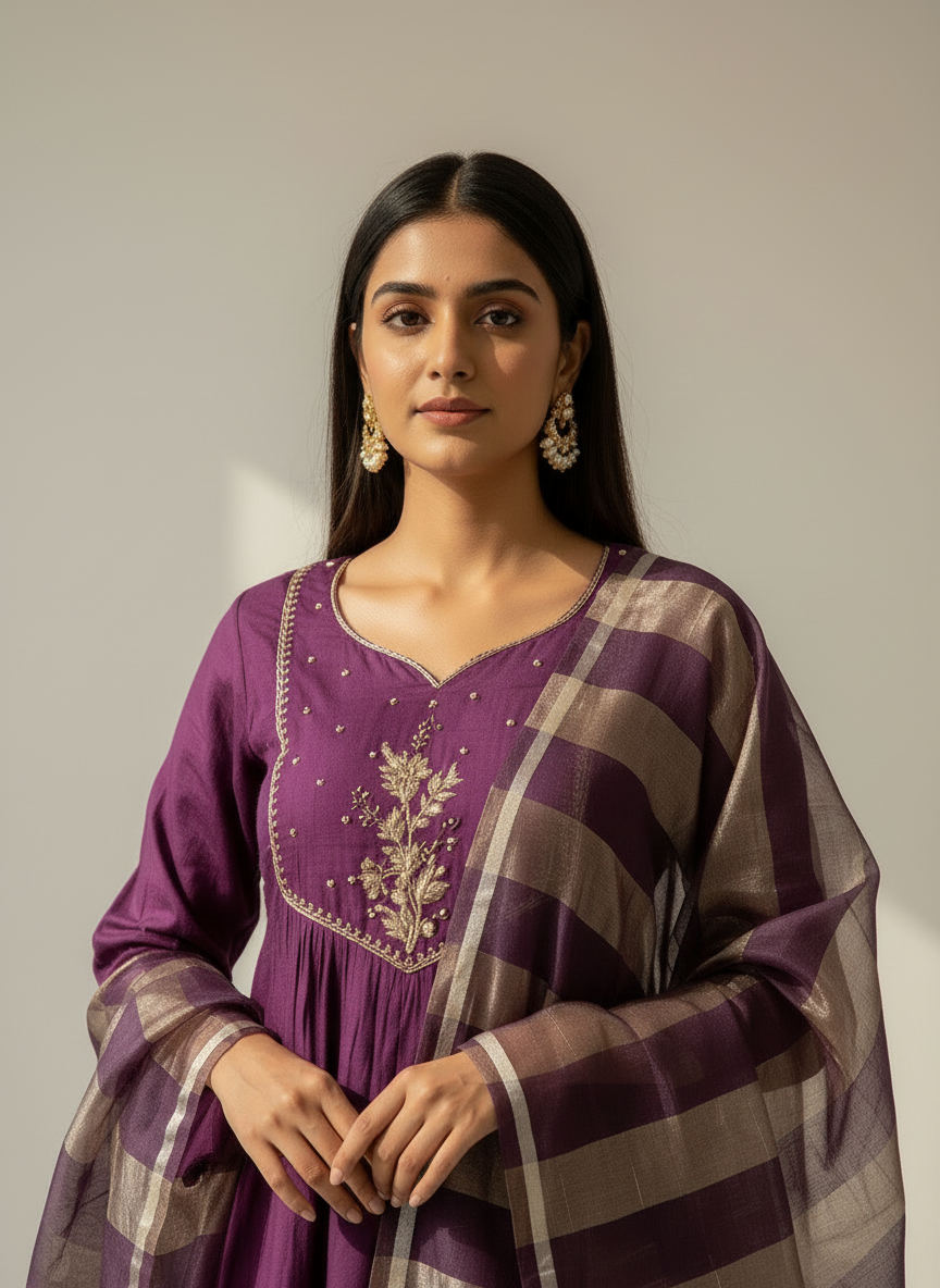 Close-up detailed view of purple designer kurti set