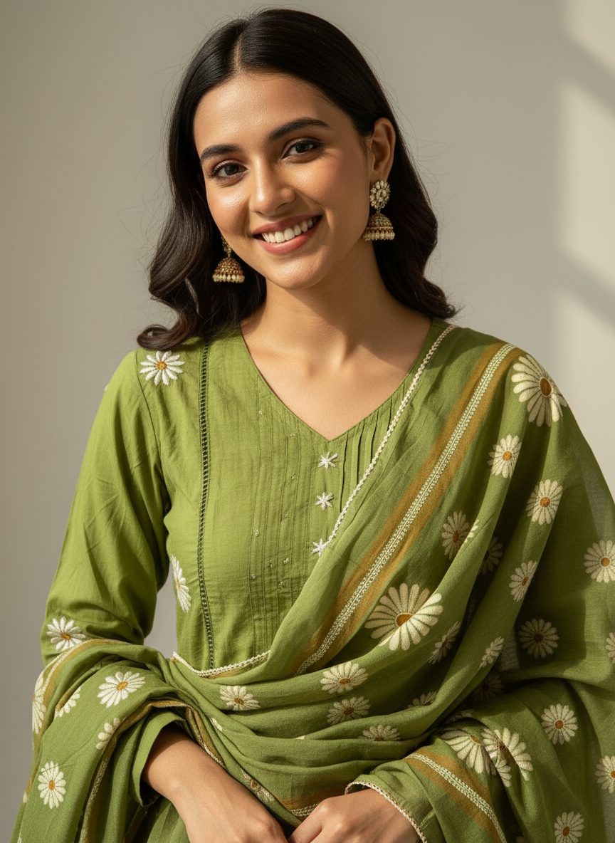 Close-up of olive green kurti set with dupatta, smiling model and earrings